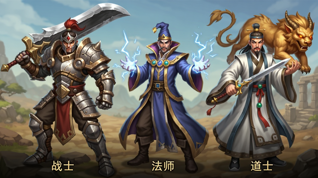 画面主体为三位传奇风格角色并排站立,左侧是身穿重甲的战士手持霸刀,中间是身披法袍的法师凝聚雷电,右侧是手持道剑的道士召唤神兽,布局为横向排列,排版上角色脚下分别标注“战士”“法师”“道士”金色小字,风格为2.5D游戏宣传图,细节包括角色装备纹理、技能光效、背景为苍茫大地,画质为高清、干净、无多余元素