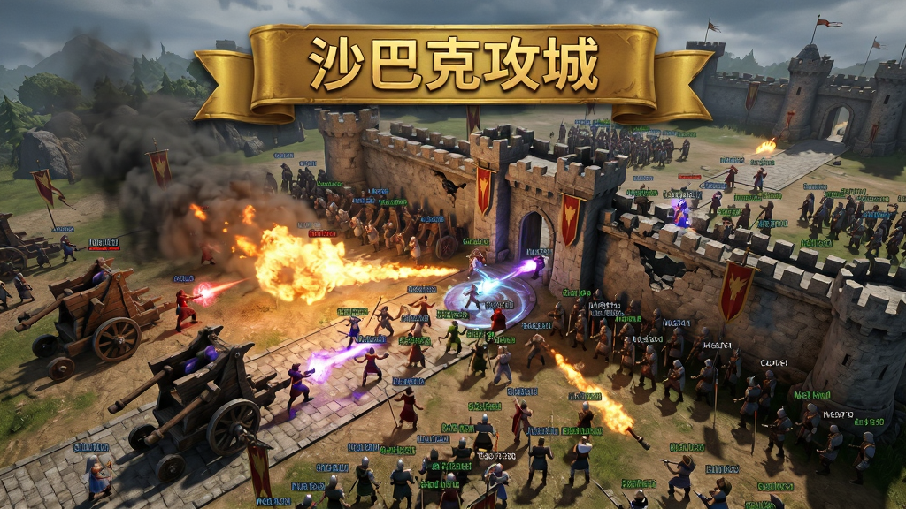 画面主体为沙巴克皇宫前的激烈攻城战,大量玩家角色释放技能,布局为远景俯视视角,排版上画面顶部悬浮“沙巴克攻城”金色横幅,风格为魔幻战争史诗感,细节包括攻城车、火焰特效、城墙破损、密密麻麻的角色名字,画质为电影级、干净、无多余元素