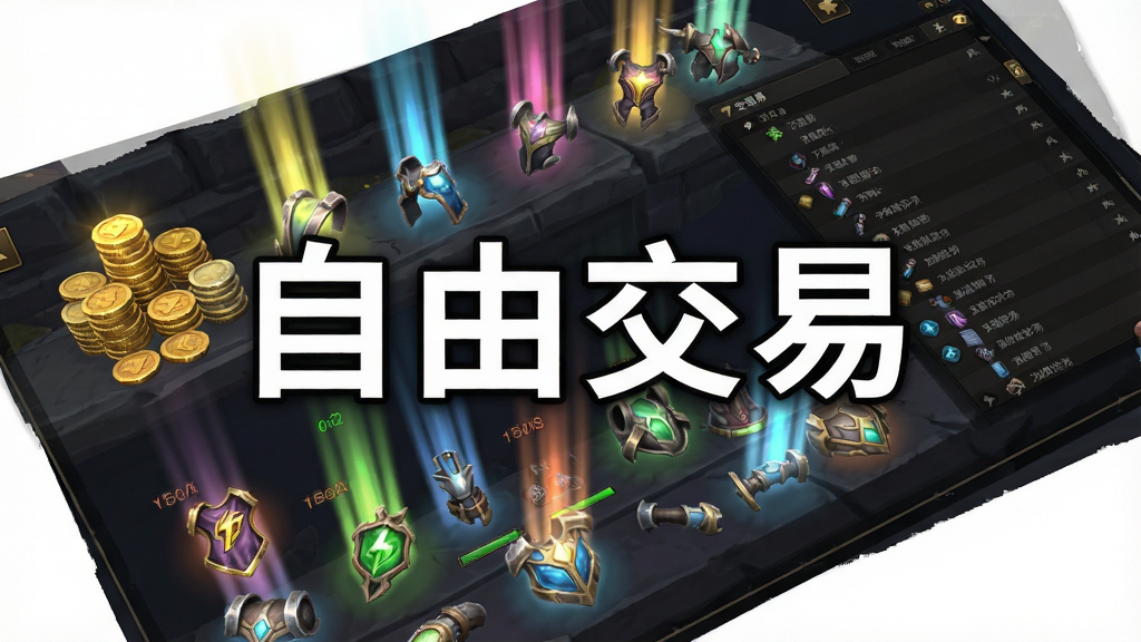 画面主体为游戏内的交易行界面与满地的发光装备掉落物,布局采用斜对角透视,排版上画面中央显示“自由交易”四个大字,风格为游戏UI截图风格,细节包括金币堆叠、不同品质装备的光柱、交易行列表,画质为超清、干净、无多余元素