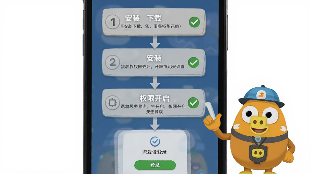 一张展示蛋仔派对蛋壳新手操作指引的图片,画面主体是手机屏幕显示安装步骤与权限设置界面,布局为纵向流程式,从上到下依次为下载、安装、权限开启、登录,风格为扁平化教程风格,细节包括步骤序号、勾选标记、蛋仔引导员,画质清晰,画面干净,无多余文字