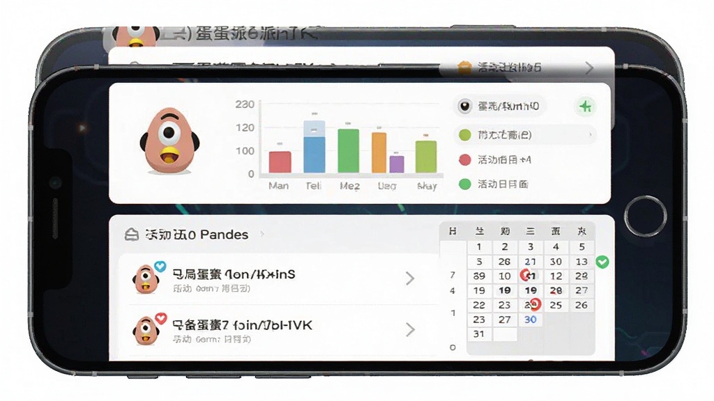 一张展示蛋仔派对蛋壳游戏辅助功能的图片,画面主体是手机屏幕显示蛋仔派对蛋壳的数据查询与活动日历界面,布局为上下分层,上方是数据图表,下方是活动列表,风格为清新简约的科技风,细节包括蛋仔图标、彩色数据条、日历标记,画质高清,画面干净,无多余元素