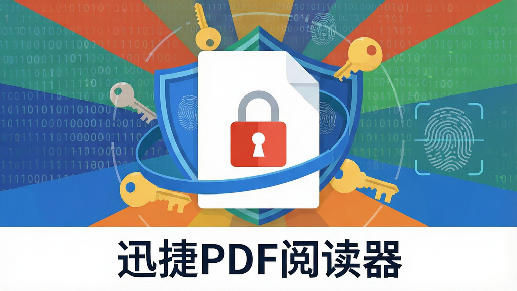 一张表现迅捷PDF阅读器安全加密功能的创意插图,主体为一个带有锁形图标的PDF文档,周围环绕着盾牌与密钥元素,布局采用中心放射状构图,排版将软件名称“迅捷PDF阅读器”置于画面底部,风格为扁平化科技风,细节上体现二进制代码与指纹识别纹理,画质清晰,干净,无多余元素