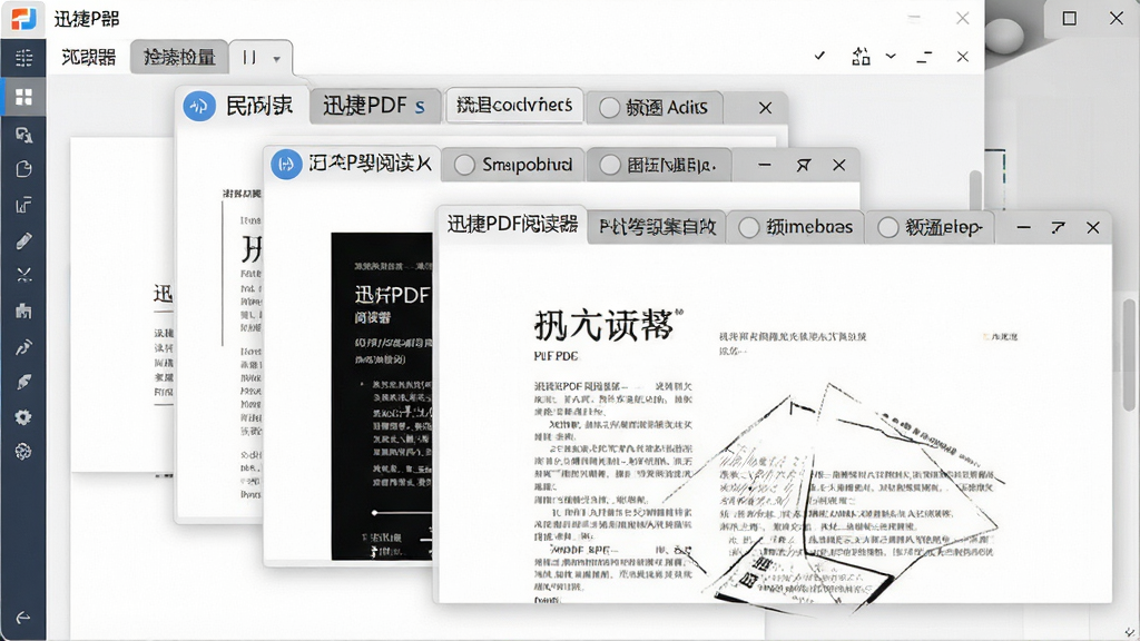 一张展示迅捷PDF阅读器多标签页功能的界面截图风格图,主体为软件窗口,窗口中同时打开三份不同的PDF文档标签,布局采用层叠式窗口排列,排版强调标签栏与文档内容的层次感,风格为简约商务风,细节上突出标签页的切换按钮与文档标题,画质清晰,干净,无多余元素