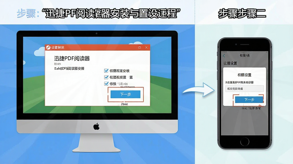 一张展示迅捷PDF阅读器安装与设置过程的步骤示意图,主体为电脑屏幕显示安装向导界面,旁边有手机屏幕显示权限设置页面,布局采用左右分栏对比,排版按照步骤顺序从上到下排列,风格为扁平化教学风,细节上突出“下一步”按钮与勾选框,画质清晰,干净,无多余元素