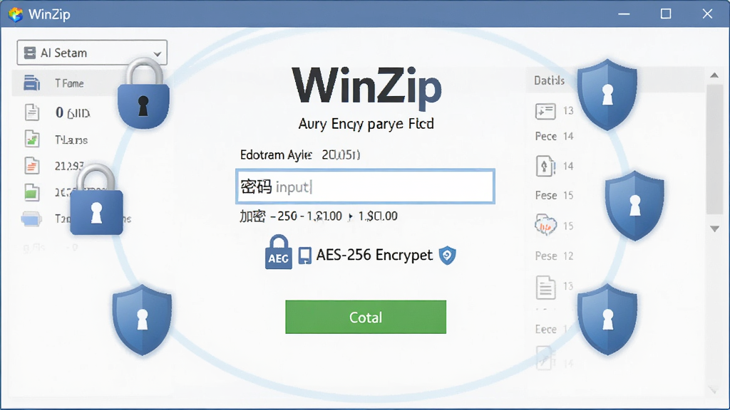 AI生图,主体是WinZip加密功能界面,布局为中央显示密码输入框和AES-256加密标识,周围环绕锁形图标和盾牌图标,排版简洁,风格安全可靠,细节包括加密强度文字、确认按钮、文件列表,画质高清,干净无多余元素