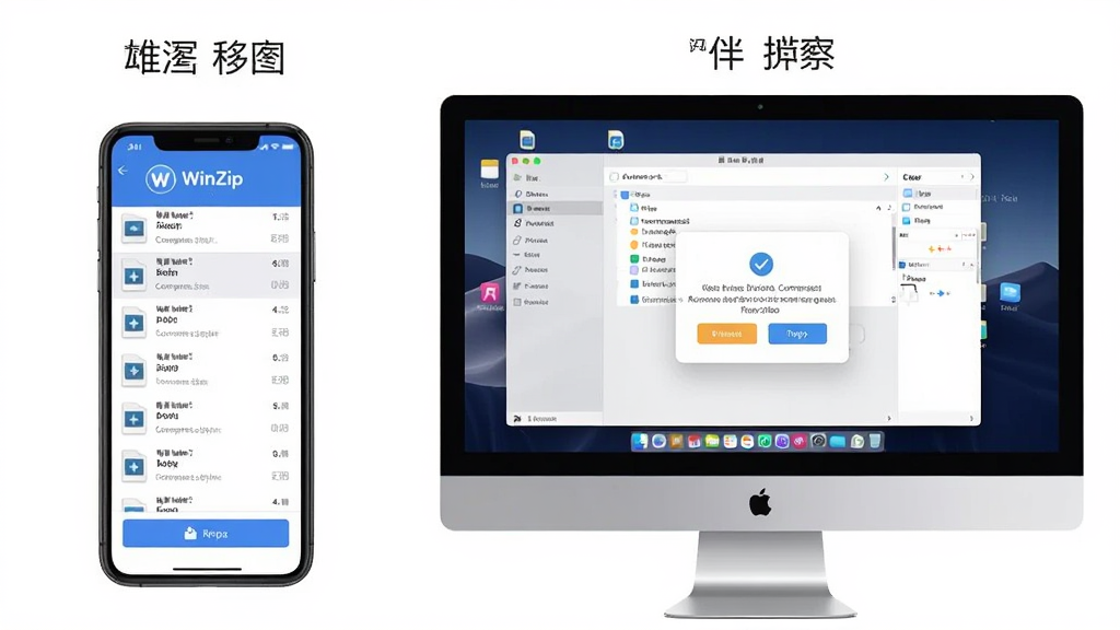AI生图,主体是WinZip移动端与电脑端界面并排展示,布局为左侧手机屏幕右侧电脑屏幕,排版对比清晰,风格现代简洁,细节包括压缩文件列表、解压按钮、权限弹窗,画质高清,干净无多余元素