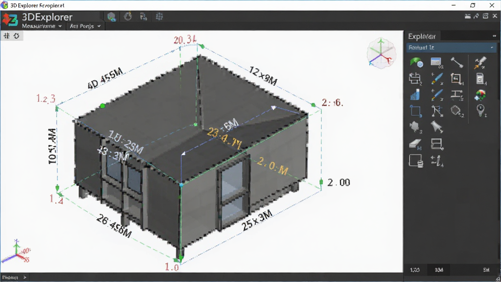 一张展示3DExplorer精准测量功能的图片,画面中一个3D模型上显示着测量标注线,标注线上有距离数值和角度数值,软件界面中有测量工具面板,背景为浅色,风格专业清晰,画质干净,无多余元素