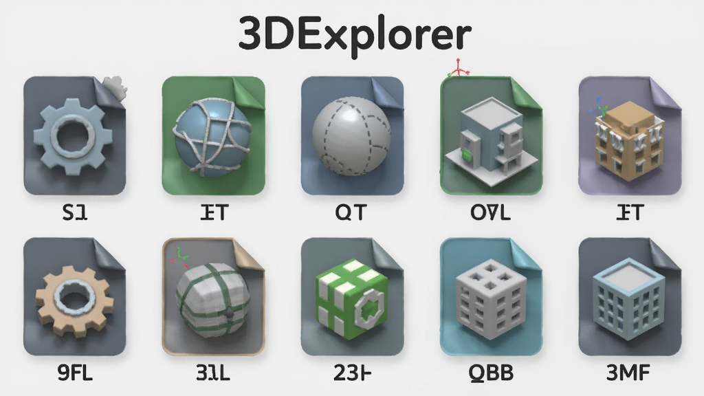 一张展示3DExplorer多格式兼容特性的图片,画面中多个不同格式的3D模型文件图标整齐排列,有齿轮、球体、建筑模型等,每个模型下方标注对应格式名称如