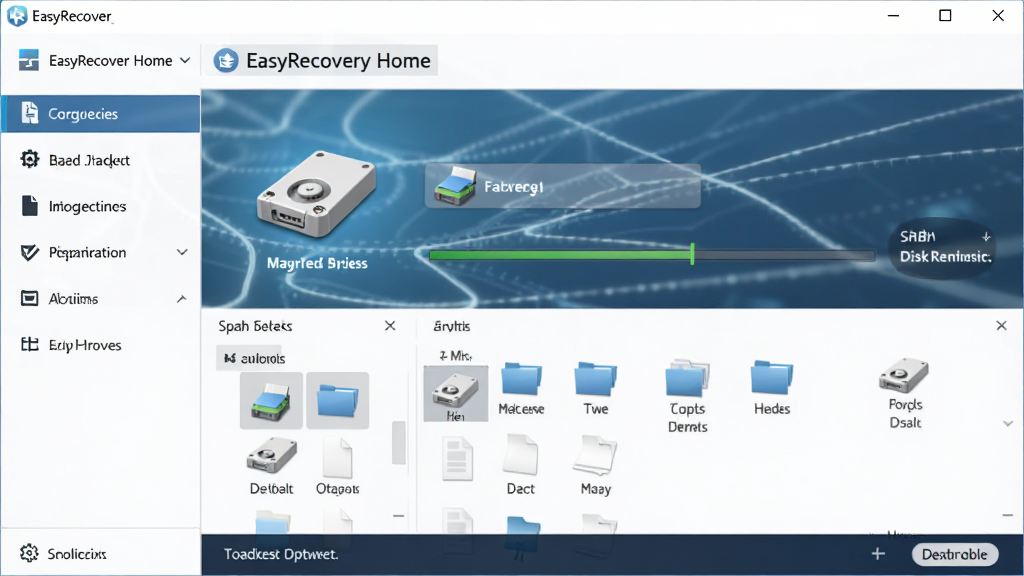 EasyRecovery Home ���ݻָ����������棬����Ϊ��������չʾ����ѡ����ɨ��ѡ�����Ϊ���д󴰿ڴ�����๦�ܵ������Ű��������򣬷��Ϊ�ִ��Ƽ���UI��ϸ�ڰ�������ͼ�ꡢ���������ļ�����ͼ�꣬���ʸ��壬�ɾ����޶���Ԫ��
