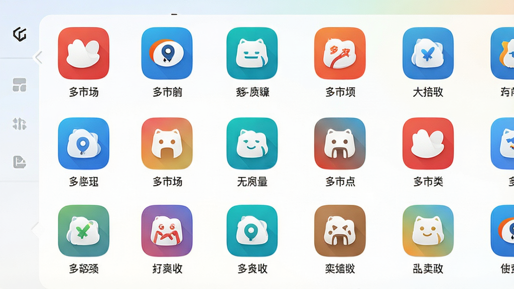 一幅展示多多市场应用分类页面的场景图,主体为多多市场界面中整齐排列的应用分类图标网格,布局为九宫格加横向滑动栏,风格清爽简洁,细节上每个分类配有图形图标和中文标签,背景为浅色渐变,画质高清,画面干净,无多余元素