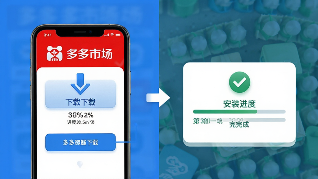 一幅展示多多市场下载安装操作流程的示意图,主体为手机屏幕中多多市场的下载按钮与安装进度条,布局为左右分步展示,风格为清晰的信息图风格,细节上包含下载箭头、进度百分比和完成打勾图标,画质高清,画面干净,无多余元素