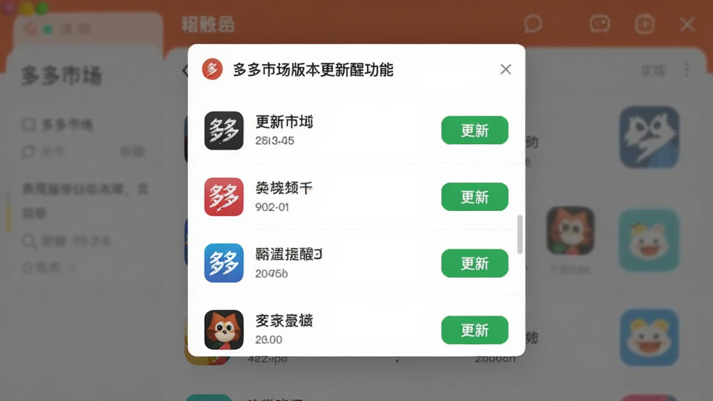 一幅表现多多市场版本更新提醒功能的画面,主体为多多市场界面弹出的更新列表窗口,布局为纵向列表加顶部标题栏,风格简约现代,细节上每个应用旁有更新按钮和版本号文字,画质高清,画面干净,无多余元素