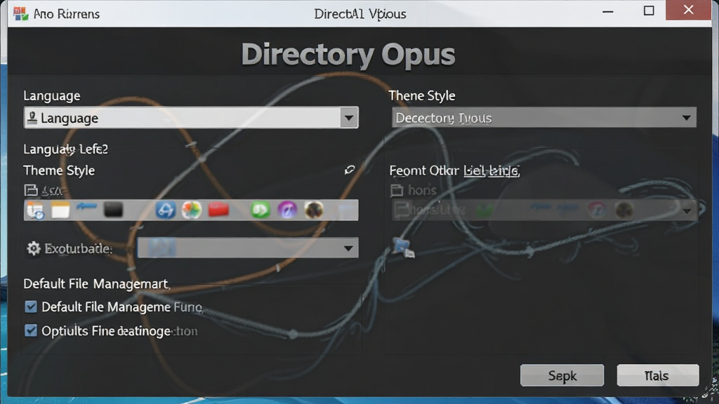Directory Opus 新手设置向导界面,画面展示软件首次启动后的配置窗口,包含语言选择、主题风格、默认文件管理器替换选项等设置项,界面友好直观,屏幕中显示软件名称