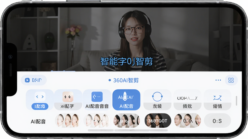 360AI智剪智能字幕功能操作界面,手机屏幕上半部分显示视频预览画面并叠加字幕文字,下半部分展示字幕编辑面板和多种AI配音音色选项列表,界面配色以白色和蓝色为主,风格清爽简洁,细节清晰,画质干净