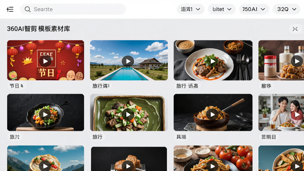 360AI智剪模板素材库界面截图,画面以网格形式展示多个视频模板缩略图,包含节日、旅行、美食等不同分类标签,每个模板封面色彩鲜艳,顶部有搜索栏和分类筛选按钮,背景为浅灰色,风格整洁明快,画质高清,无多余元素