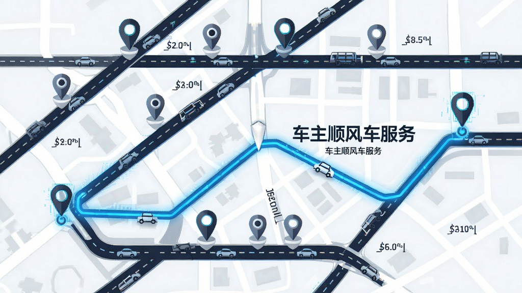 一幅AI生图,画面主体为一张抽象的城市道路网络图,道路上分布着多个定位图标,一条高亮蓝色路线连接起点与终点,路线旁标注“车主顺风车服务”字样,布局简洁明了,采用科技感矢量插画风格,细节包括道路线条、车辆小图标和距离标记,画质清晰,干净无多余元素
