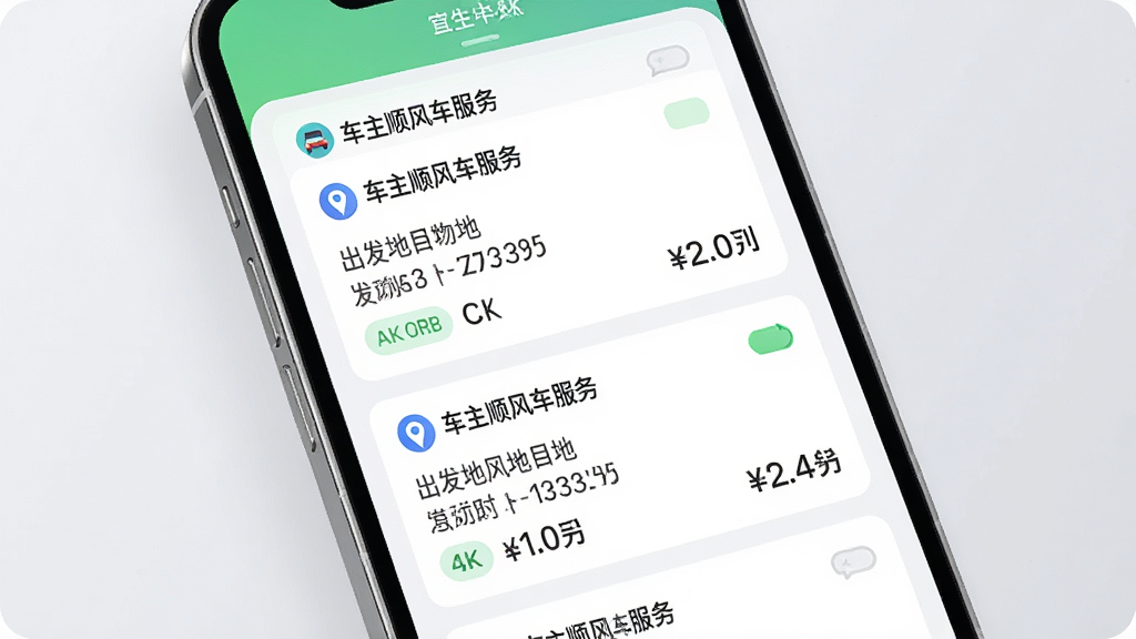 画面展示一个手机应用界面,界面中排列着多张行程卡片,卡片上显示“车主顺风车服务”标识、出发地目的地、时间和费用信息,背景为柔和的浅灰色,采用现代UI设计风格,细节包括状态标签和图标,画质干净,4K高清,无杂乱元素