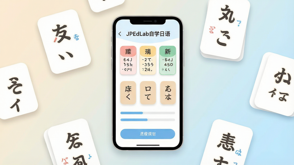 一张简洁明亮的手机应用界面示意图,画面中央放置一部竖屏智能手机,手机屏幕显示“JPEdLab自学日语”应用主界面,界面包含五十音图卡片和日语假名符号,手机周围散落着日语平假名和片假名的学习卡片。布局采用居中构图,背景为浅米色与淡蓝色渐变,风格为扁平化插画风,细节包括圆角图标、柔和阴影、简洁的进度条和按钮,画质高清,干净,无多余元素。