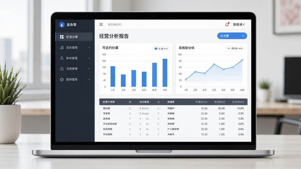 一张可吉约课-线上约课、场馆管理专家的数据统计图表界面,主体为笔记本电脑屏幕展示经营分析报告,布局为左侧导航栏右侧图表区,排版专业整洁,风格为现代商务风,细节包含柱状图、折线图、数据表格、筛选按钮,画质高清、干净、无多余元素