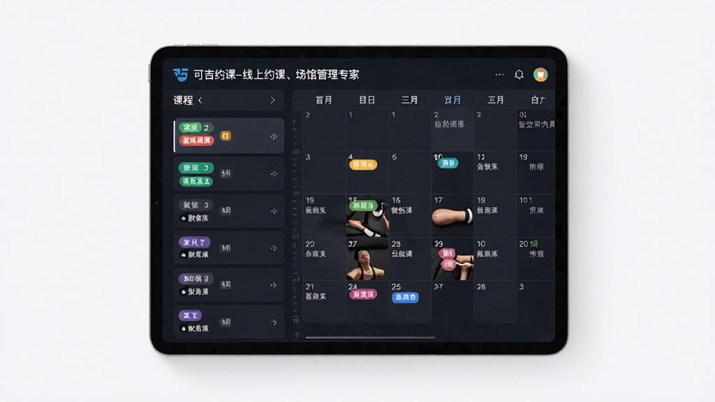 一张可吉约课-线上约课、场馆管理专家的智能排课界面展示图,主体为平板电脑屏幕显示课程排期表,布局为左侧课程列表右侧日历视图,排版清晰整齐,风格为商务简约风,细节包含彩色课程标签、教练姓名、时间刻度,画质高清、干净、无多余元素
