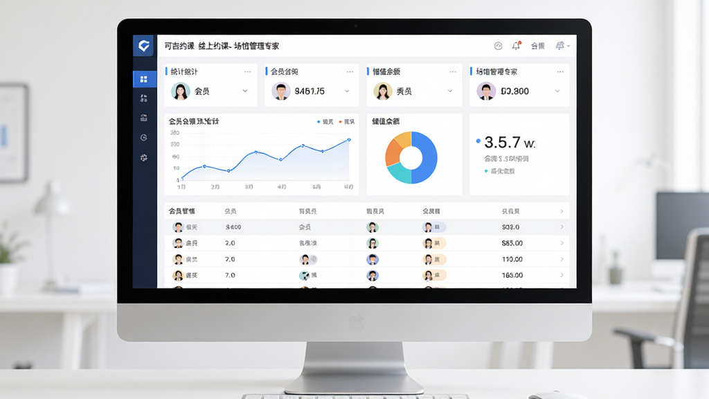 一张可吉约课-线上约课、场馆管理专家的会员管理后台界面图,主体为电脑显示器展示数据看板,布局为上方统计卡片下方会员列表,排版规整,风格为数据可视化风格,细节包含折线图、饼图、会员头像、储值余额数字,画质高清、干净、无多余元素