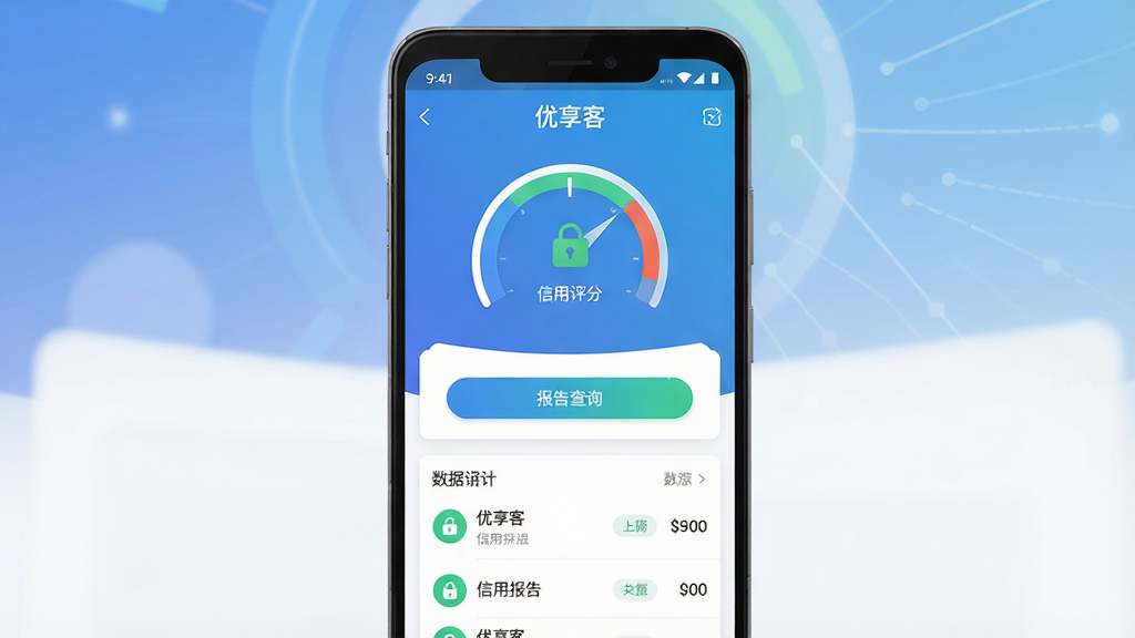 一张手机屏幕展示信用报告查询应用的界面预览图,主体是一部竖屏安卓手机,屏幕中央显示