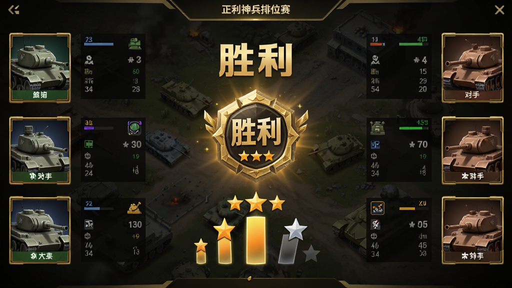 画面为坦克神兵排位赛结算界面,屏幕中央显示“胜利”字样和段位徽章,下方有星级变化动画,左右两侧是队友和对手的坦克头像与战绩数据,背景是战场俯瞰图,风格为深色竞技风,布局对称,细节包括金色边框和发光特效,画质清晰,干净,无多余元素