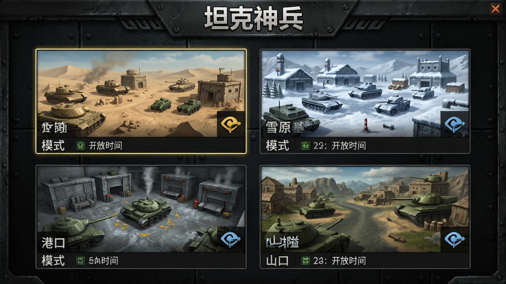 画面为坦克神兵地图选择界面,屏幕上以网格形式排列着四张地图缩略图,分别标注沙漠小镇、雪原基地、港口仓库、山地隘口,每张缩略图下方有模式标签和开放时间,界面顶部有“坦克神兵”文字,背景为暗色金属质感,布局整齐,风格为军事科技风,细节包括地图高亮边框和模式图标,画质清晰,干净,无多余元素