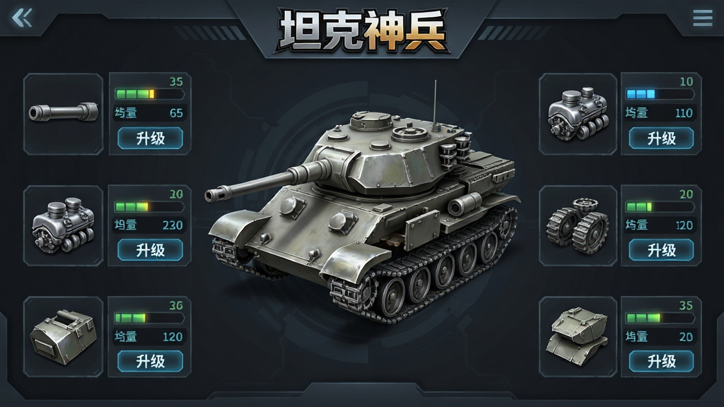 画面展示一个坦克改装界面,屏幕中央是一辆拆解状态的坦克模型,周围分布着炮管、发动机、履带、装甲板等零件图标,每个图标旁边有数值条和升级按钮,界面顶部有“坦克神兵”的logo,背景为深灰色科技风格,布局清晰,风格简洁,细节包括金属质感零件和发光数值,画质清晰,干净,无多余元素