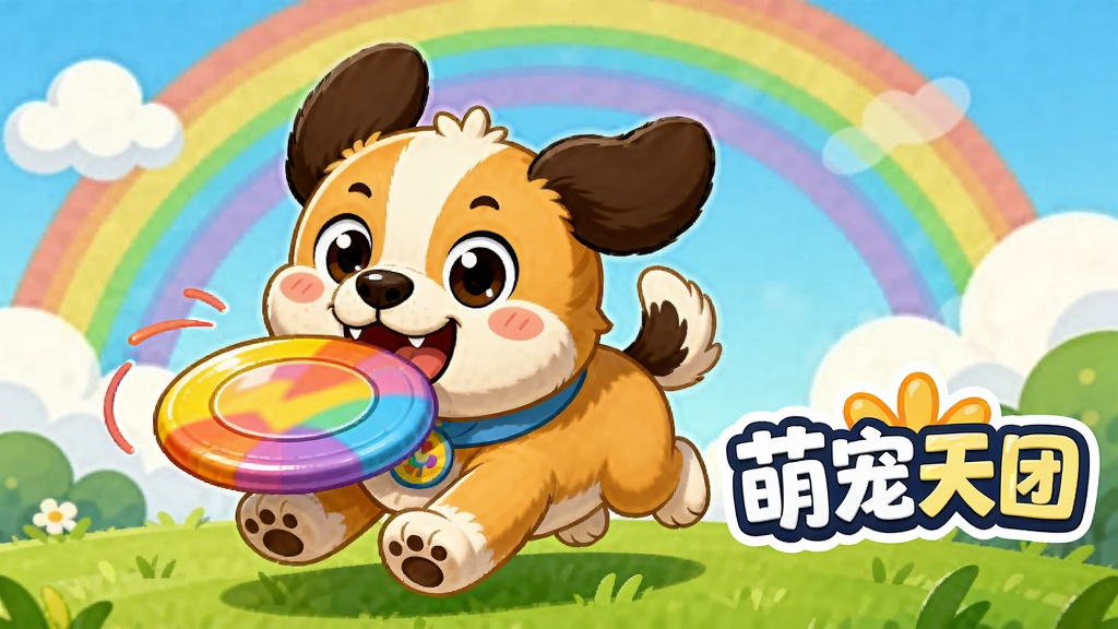 一只卡通小狗在绿色的草地上欢快地奔跑,嘴里叼着一个彩色的飞盘,背景有彩虹和云朵,画面右侧有“萌宠天团”的文字标识,风格为活泼可爱的卡通风格,细节生动,画质高清,干净无多余元素
