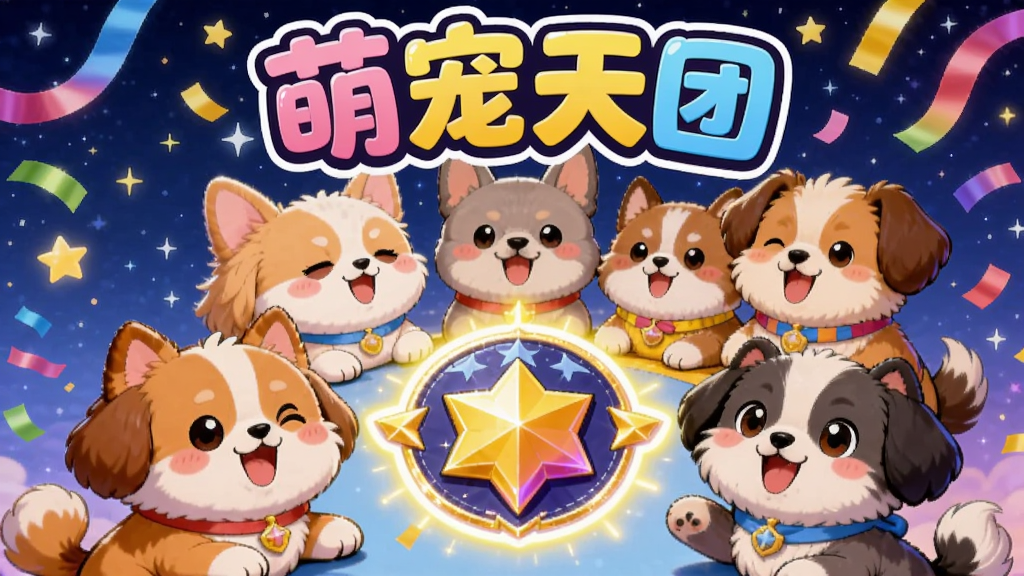 多只不同品种的卡通宠物围成一个圆圈,中间有一个发光的团队徽章,背景是星空和彩带,画面顶部有“萌宠天团”的艺术字,风格为欢乐派对主题的卡通插画,色彩鲜艳,画质清晰,干净无多余元素