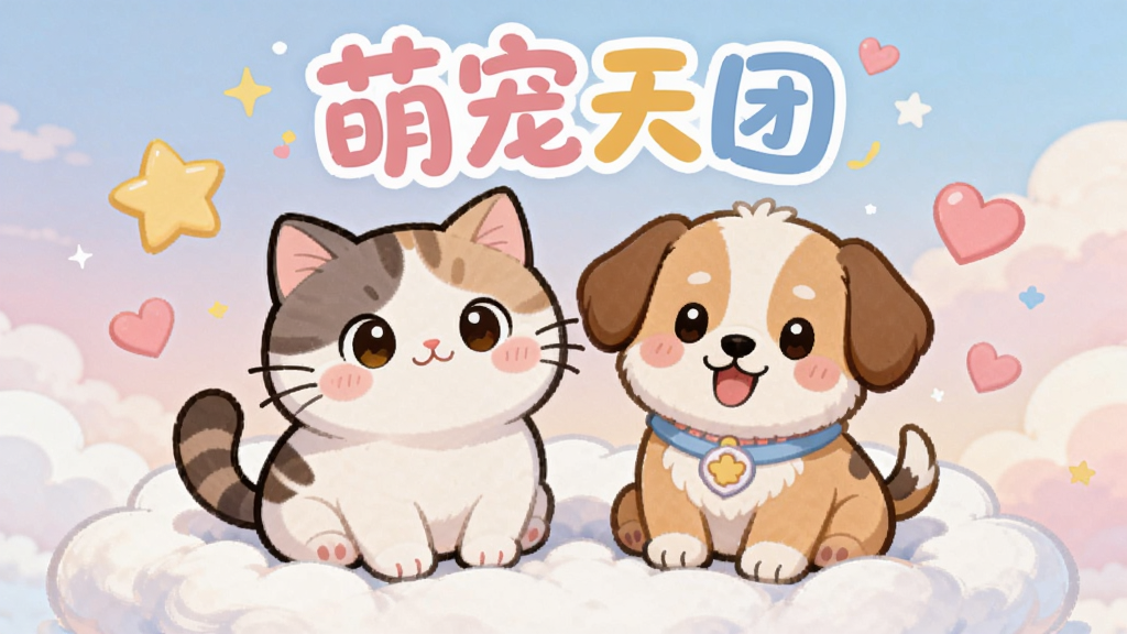 一只可爱的卡通猫咪和一只卡通小狗并排坐在柔软的云朵上,周围环绕着星星和爱心,背景是柔和的渐变粉色和浅蓝色天空,画面中央上方有艺术字体写着“萌宠天团”,整体风格为清新治愈系卡通插画,细节丰富,画质高清,干净无多余元素