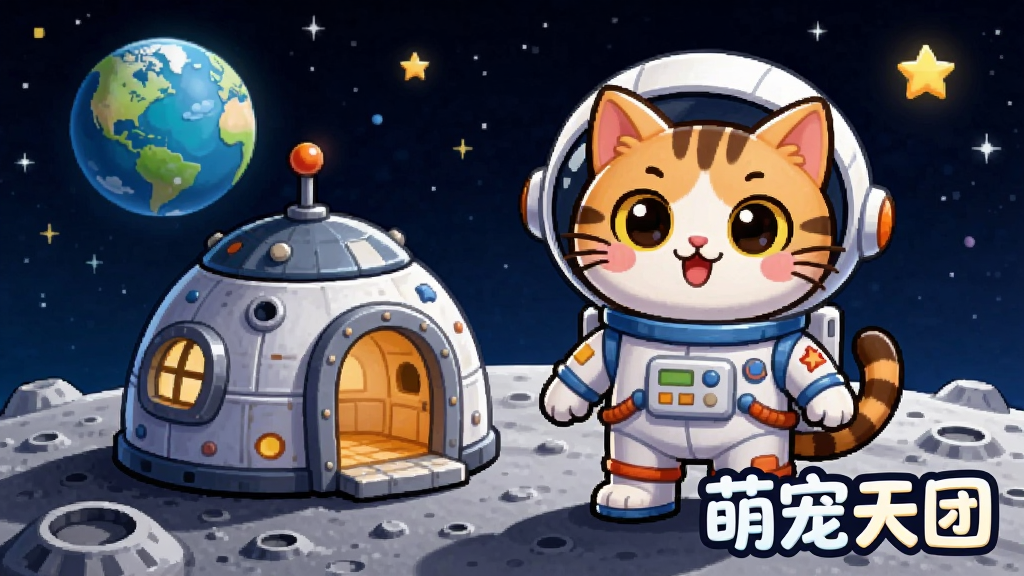 一只卡通猫咪穿着宇航员服装站在月球表面,旁边有一个小型的宠物小屋,背景是地球和星星,画面右下角有“萌宠天团”的文字,风格为科幻卡通风格,细节丰富,画质高清,干净无多余元素