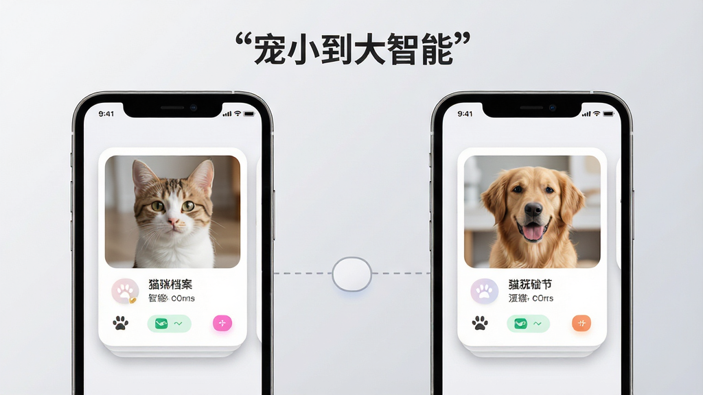 一张展示宠小到大智能多宠档案管理界面的产品示意图,画面主体为两部并排的手机,左侧手机显示猫咪档案卡片,右侧手机显示狗狗档案卡片,两部手机之间用虚线连接表示切换关系,布局采用左右对称,上方用引号标注文字