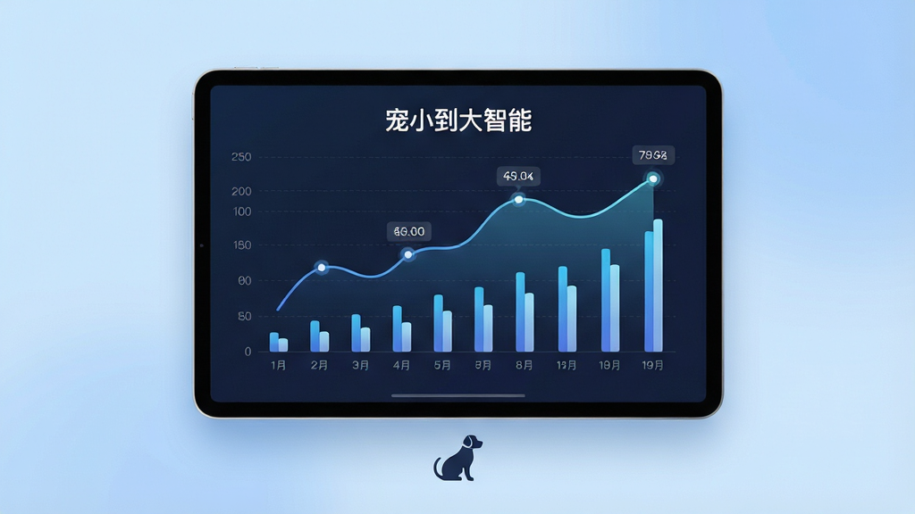 一张展示宠小到大智能健康趋势图表的界面截图风格图,画面中央为一块悬浮的平板屏幕,屏幕上显示折线图和柱状图组合,图表标题处写有
