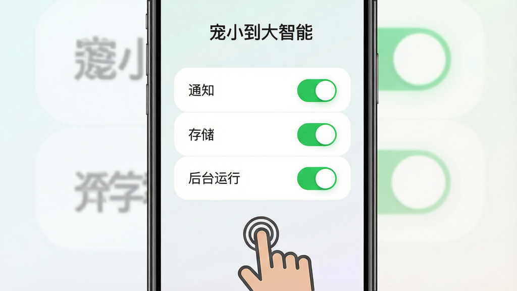 一张展示宠小到大智能新手设置引导页面的手机截图风格图,画面为一部手机竖屏显示权限开启引导界面,界面上有通知、存储、后台运行三个开关图标,顶部标题写有