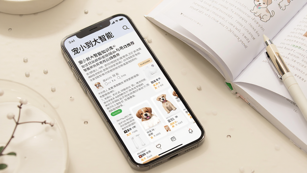 一张展示宠小到大智能知识库与用品推荐页面的手机界面图,画面为一部斜放的手机,屏幕上显示文章列表和商品卡片,顶部搜索栏写有