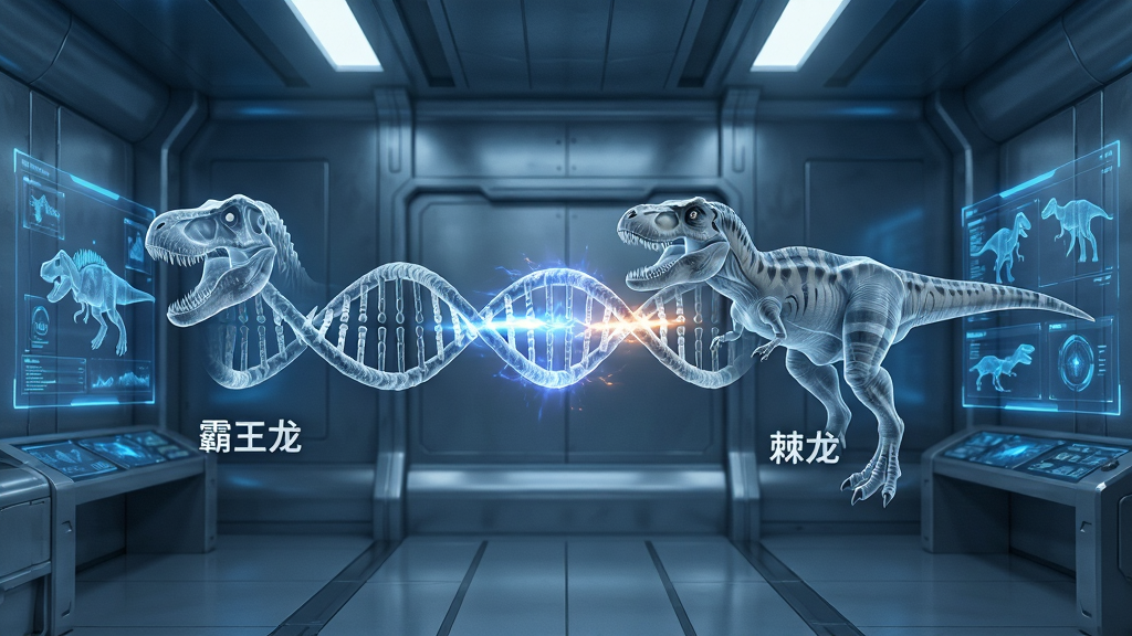 一个充满科技感的恐龙基因实验室场景,画面中央悬浮着两个透明的DNA螺旋模型,左侧标注