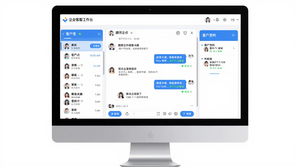 腾讯企点软件界面全貌展示,主体为电脑屏幕中央打开的企业客服工作台,左侧是客户列表,中间是聊天对话框,右侧是客户资料卡片,布局清晰层次分明,排版采用现代扁平化风格,风格为简洁商务科技感,细节包括蓝色主色调、圆角按钮、消息气泡、在线状态指示灯,画质高清干净无多余元素