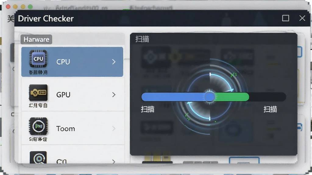 一张展示 Driver Checker 智能扫描过程的界面概念图,主体为软件窗口,布局为左侧硬件列表右侧扫描进度条,风格为简洁商务风,细节包含 CPU、GPU、声卡图标与旋转的扫描光效,画质清晰,干净,无多余元素