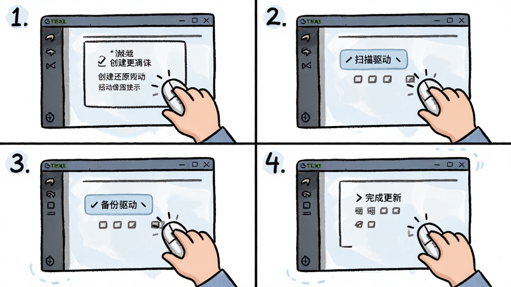 一张展示 Driver Checker 新手操作流程的引导图,主体为软件界面与用户手部点击鼠标,布局为四格步骤图,风格为卡通手绘风,细节包含创建还原点、扫描驱动、备份驱动、完成更新四个画面,画质清晰,干净,无多余元素