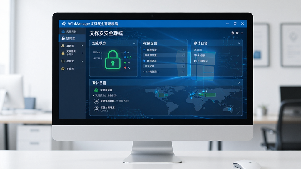 WinManager文档安全管理系统主界面,一台Windows电脑屏幕上展示着文档安全管理控制面板,面板上有加密状态、权限设置、审计日志等模块,界面简洁专业,蓝色科技风格,布局清晰,高清画质,干净无多余元素