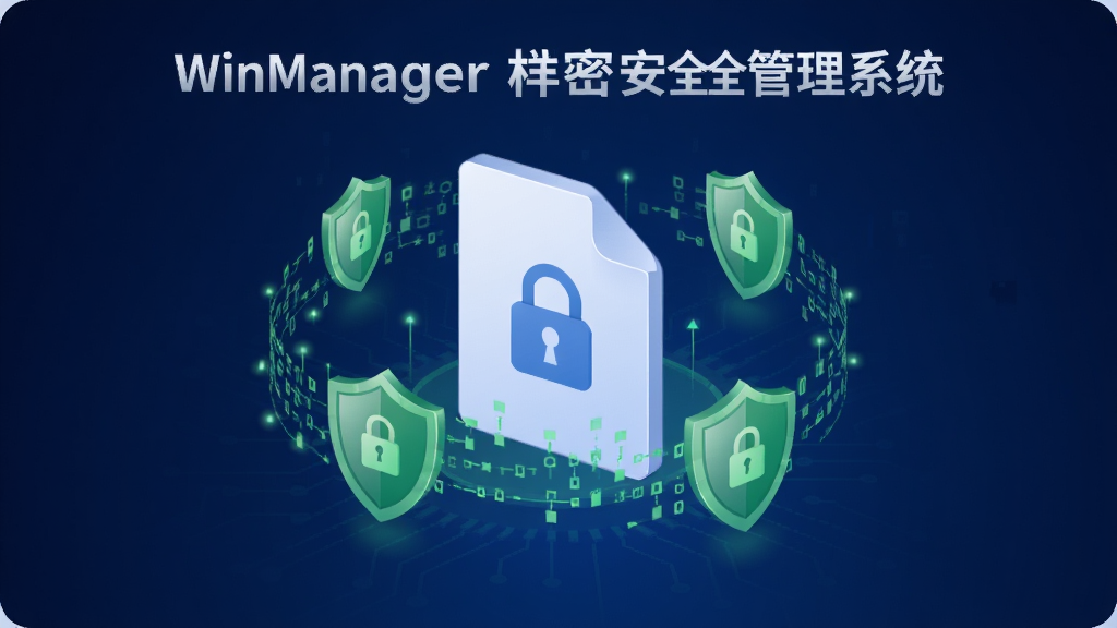 一张展示WinManager文档安全管理系统透明加密功能的示意图,画面中央是一个带有锁形图标的文档文件,周围环绕着绿色的安全盾牌和加密数据流,背景为深蓝色科技渐变,风格简洁现代,高清画质,干净无多余元素