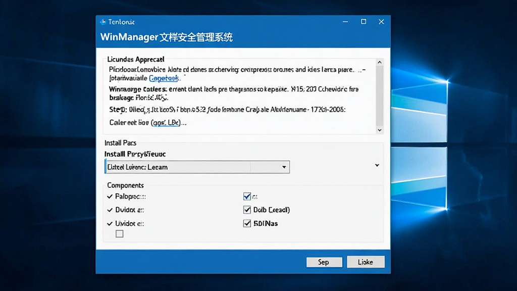 WinManager文档安全管理系统安装配置界面,展示Windows电脑上的安装向导窗口,包含许可协议、安装路径选择、组件勾选等步骤,界面清晰简洁,蓝色主题色,高清画质,干净无多余元素