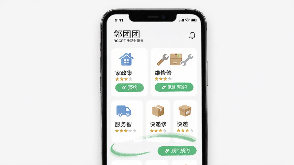 画面主体为手机屏幕展示“邻团团”生活服务列表,布局为宫格排列,排版包含家政、维修、快递等图标,风格为简约实用风,细节有服务评分和预约按钮,画质清晰,干净,无多余元素