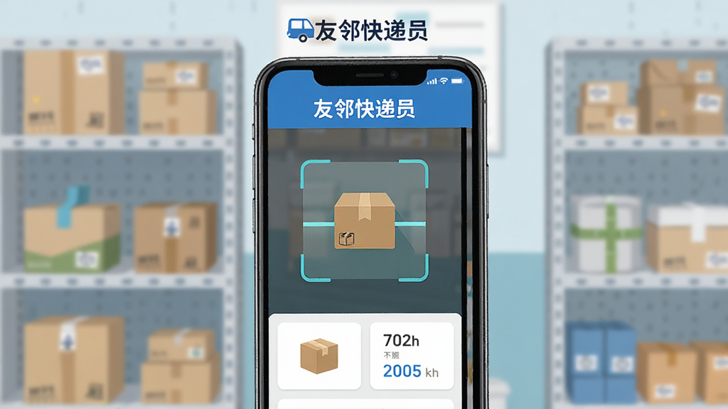 友邻快递员APP主界面展示,画面中央是一部智能手机,屏幕显示快递入库扫描界面,上方有