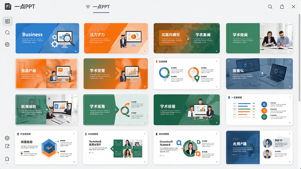 一幅展示“一点PPT”应用模板库界面的图片,画面中整齐排列着多种风格的幻灯片缩略图,包括商务蓝、活力橙、学术绿等配色方案,布局清晰,风格简约现代,画质干净,无多余元素