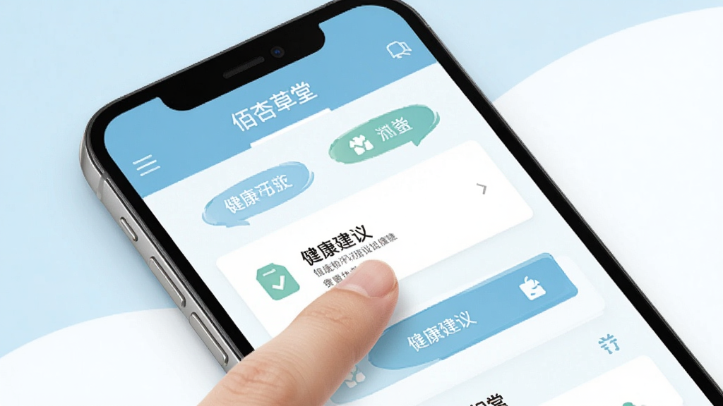 一张展示“佰杏草堂”应用操作界面的示意图,画面中手机屏幕显示清晰的导航栏和功能按钮,手指正在点击屏幕上的健康建议选项。背景为淡蓝色与白色搭配,风格清爽简约,排版干净利落,画质高清,无多余元素。