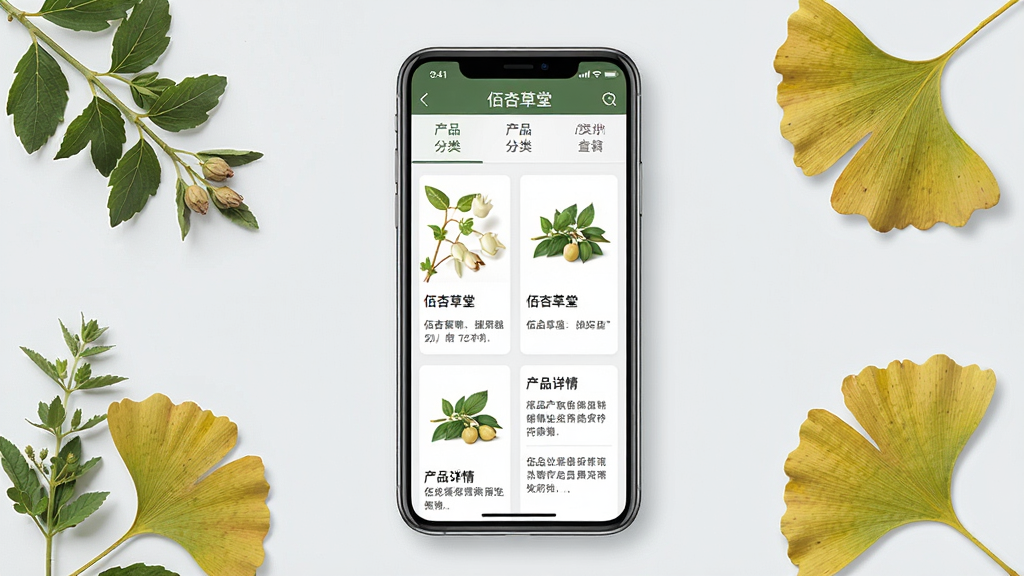 一张展示“佰杏草堂”应用内产品信息查询页面的场景图,画面中手机屏幕显示产品分类列表和产品详情卡片,卡片上有产品图片、名称和简要说明。周围点缀草本植物和银杏叶装饰,背景为浅灰白色。风格简洁商务,排版整齐,画质清晰,画面干净,无多余元素。