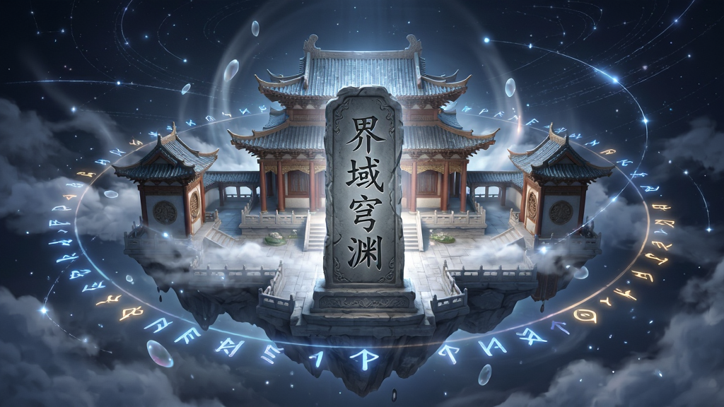界域穹渊 软件主界面预览图,主体为一座悬浮在虚空中的东方风格古建筑群,周围环绕着发光的符文与星轨,布局采用中心对称构图,画面中央是刻有“界域穹渊”四字的古老石碑,排版注重空间纵深感,风格为唯美奇幻数字艺术,细节包括飘动的云雾、半透明的光效粒子、建筑上的精细雕花,画质为4K超高清,干净,无多余元素
